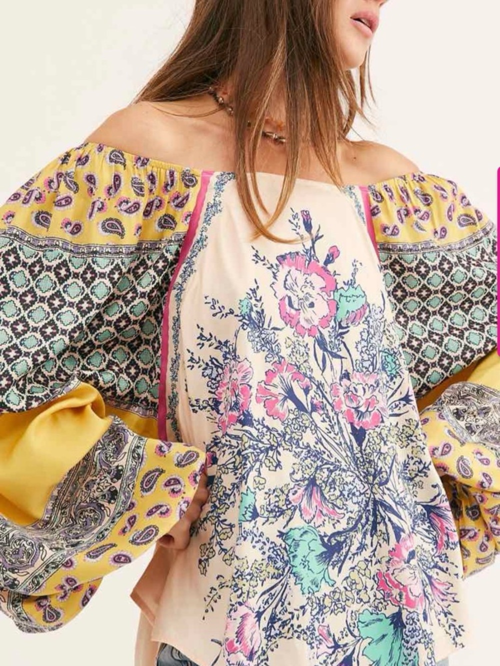 Free people position floral printed shoulder off blouse size large .